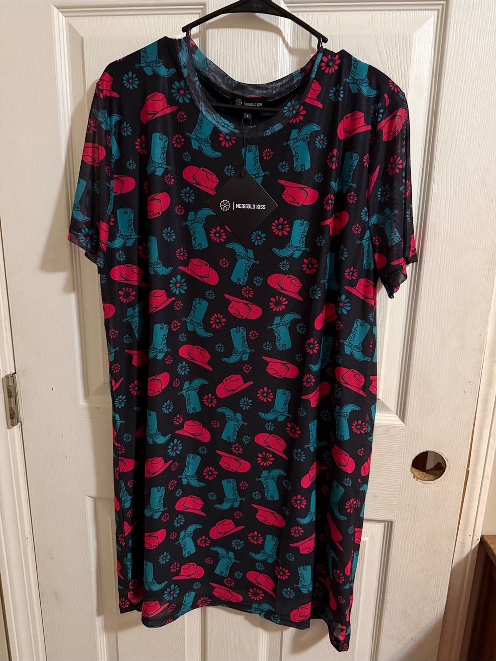Meridian Kiss Women's Black Midi Dress with Pink & Teal Western Print